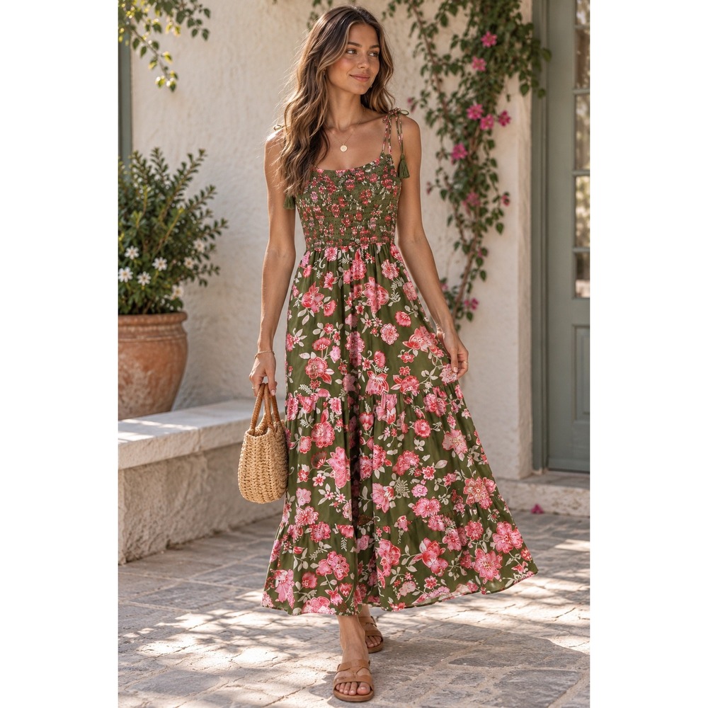 Womens Prairie Cottage Floral Smocked Tie Strap Maxi Dress Olive Pink NWT